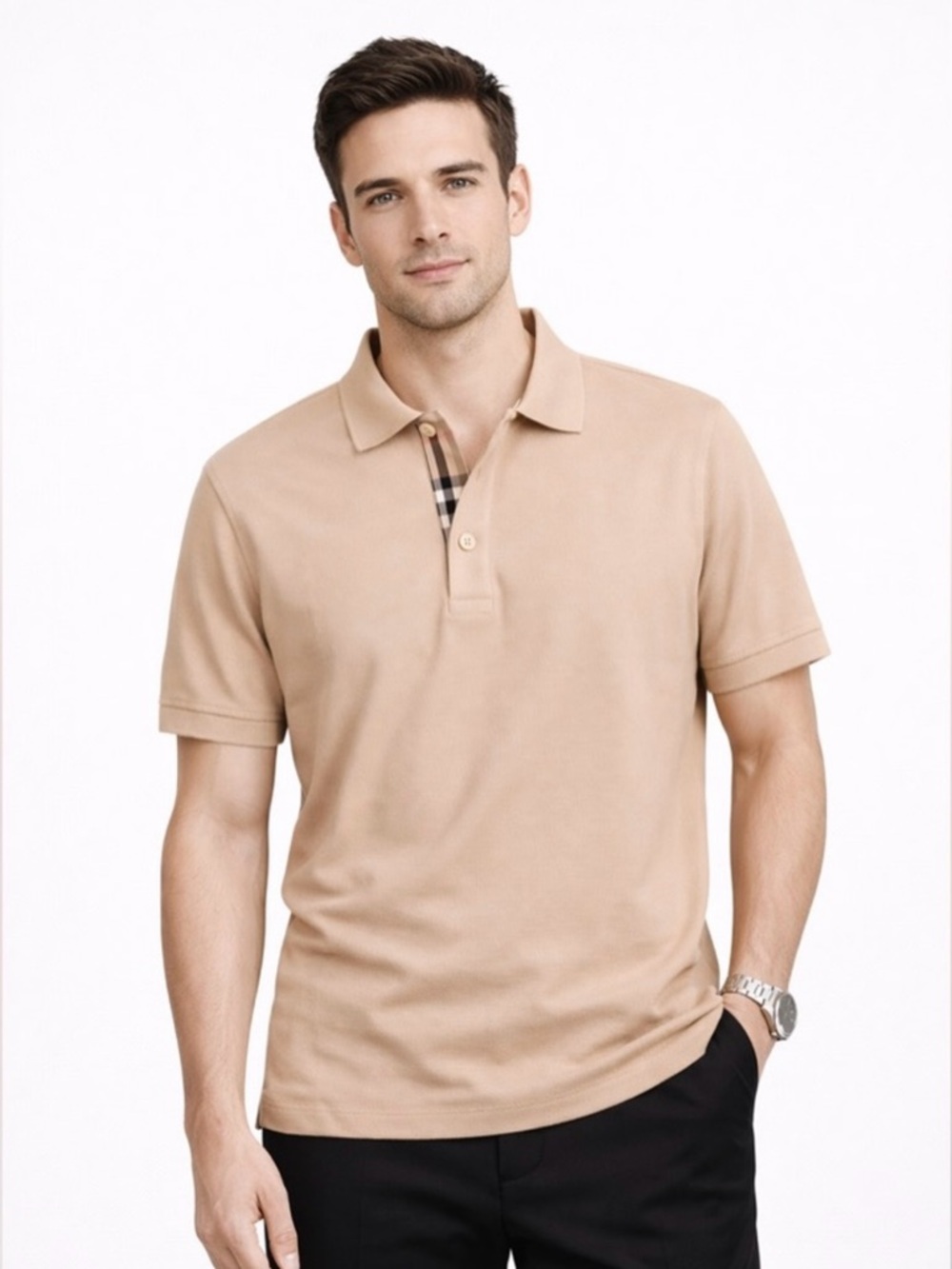 Burberry Men’s Classic Beige Polo with Check Placket size small